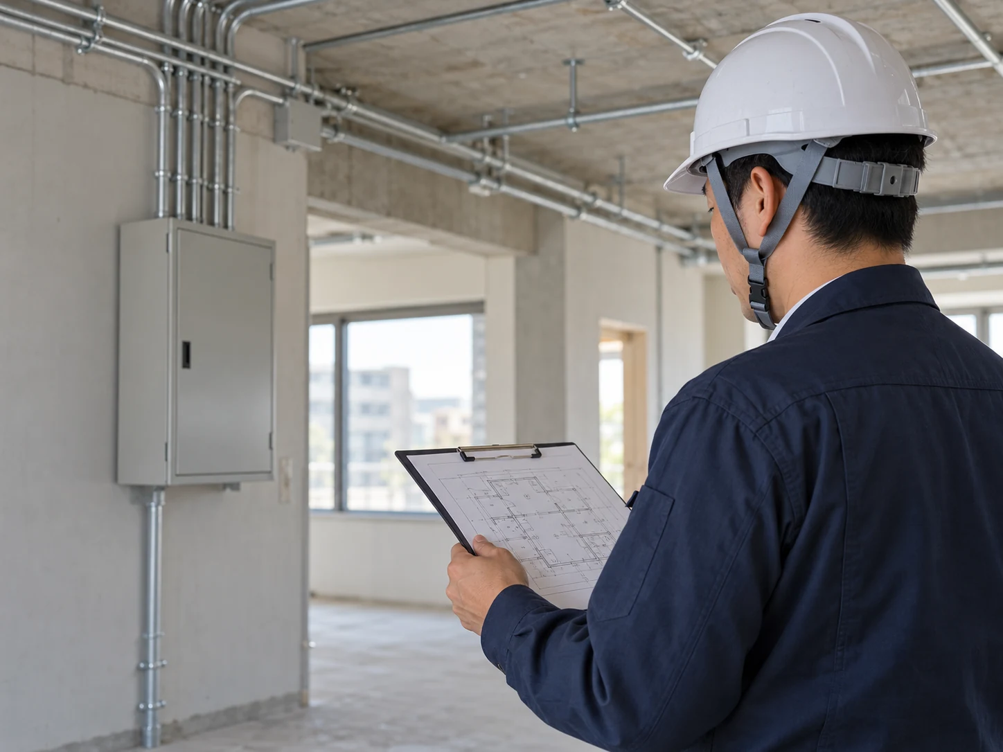 屋内で設備図面を確認する電気工事担当者のイメージ